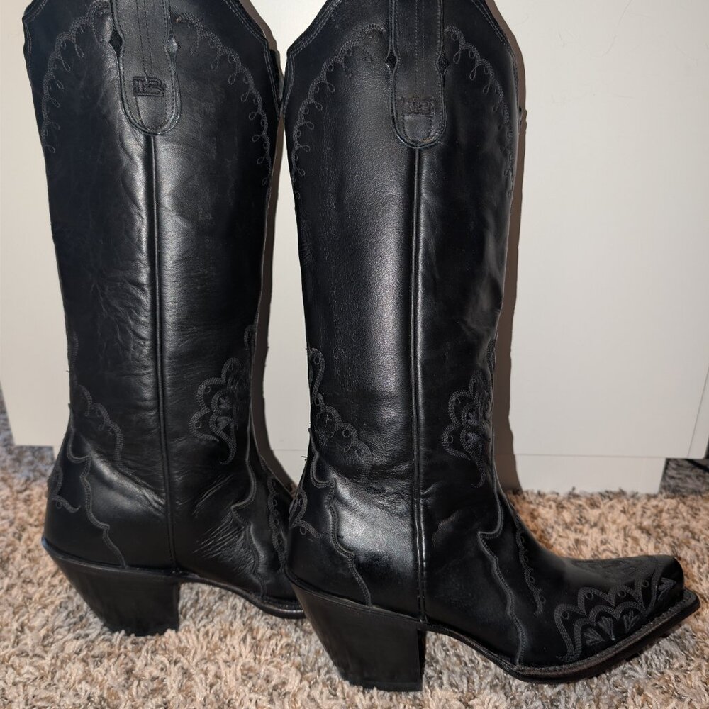 Tony Lama Black Leather Tall Western Cowboy Boots Women's 7.5B USA Made - Picture 2 of 10